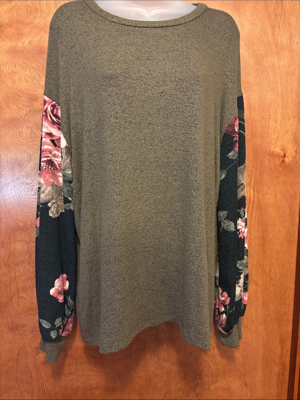 Olive Green Floral-Sleeve Women's Top